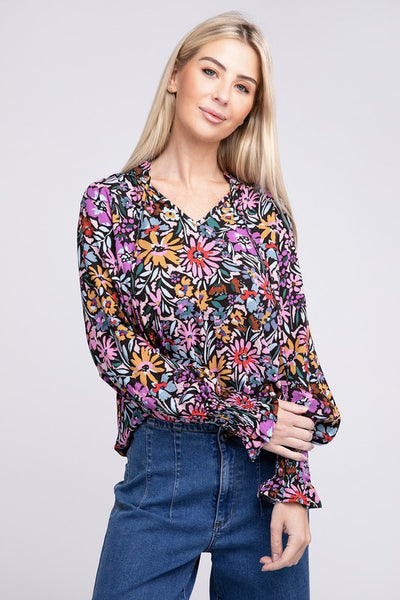 Floral Print Tie V Neck Blouse