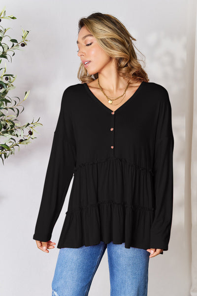 Double Take Half Button Long Sleeve Ruffle Hem Blouse **on sale**