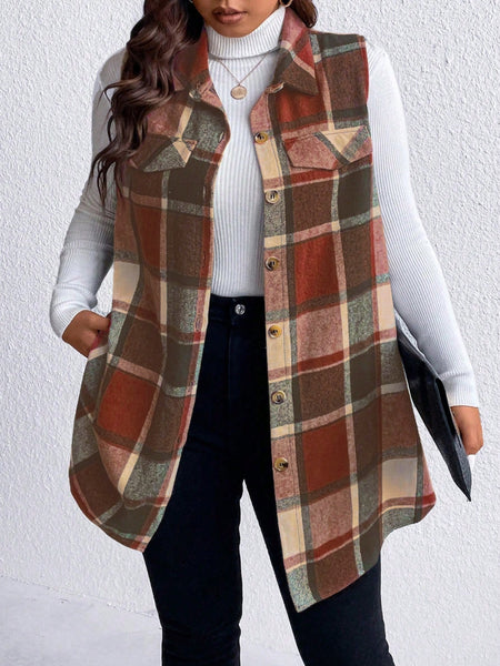 Honey Plus Size Pocketed Plaid Button Up Vest Coat *3 Colors*