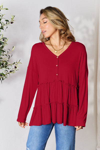 Double Take Half Button Long Sleeve Ruffle Hem Blouse **on sale**