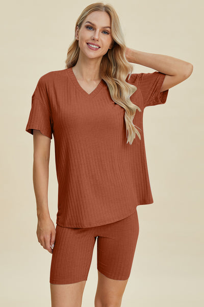 Ribbed V-Neck Short Sleeve Top and Shorts Set **10 Colors**