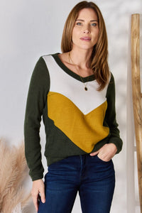 Hailey & Co Full Size Colorblock V-Neck Blouse **on sale**