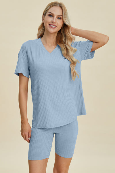 Ribbed V-Neck Short Sleeve Top and Shorts Set **10 Colors**