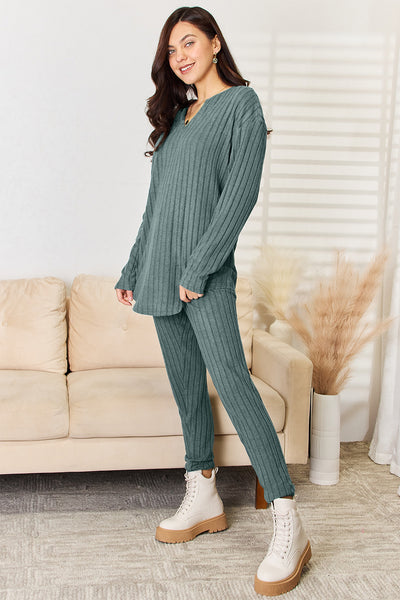 Basic Bae Full Size Notched Long Sleeve Top and Pants Set **3 colors**