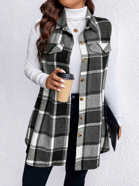 Honey Plus Size Pocketed Plaid Button Up Vest Coat *3 Colors*