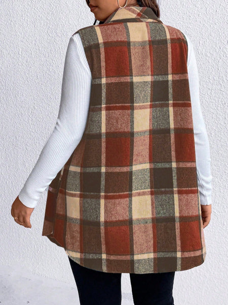 Honey Plus Size Pocketed Plaid Button Up Vest Coat *3 Colors*