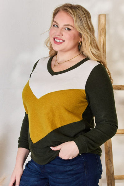Hailey & Co Full Size Colorblock V-Neck Blouse **on sale**