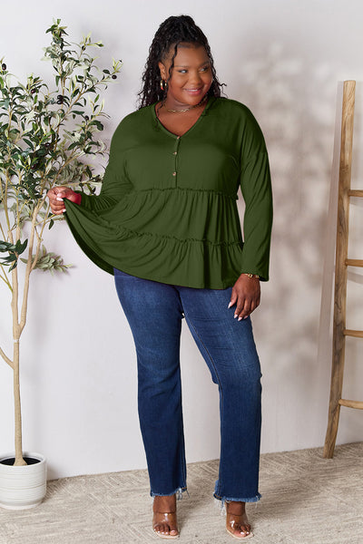 Double Take Half Button Long Sleeve Ruffle Hem Blouse **on sale**