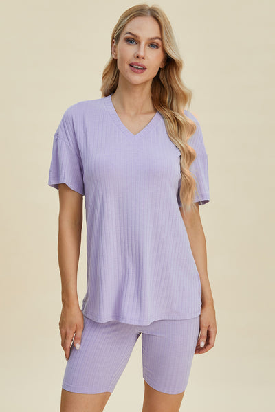 Ribbed V-Neck Short Sleeve Top and Shorts Set **10 Colors**