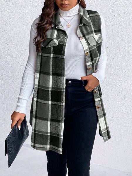 Honey Plus Size Pocketed Plaid Button Up Vest Coat *3 Colors*