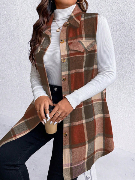 Honey Plus Size Pocketed Plaid Button Up Vest Coat *3 Colors*