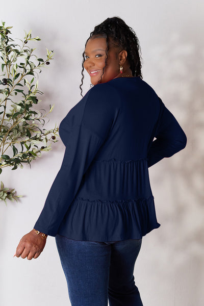 Double Take Half Button Long Sleeve Ruffle Hem Blouse **on sale**