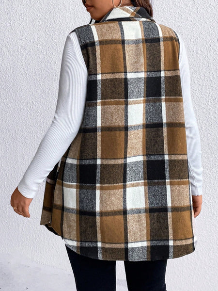 Honey Plus Size Pocketed Plaid Button Up Vest Coat *3 Colors*