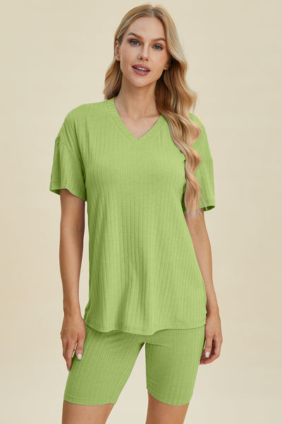 Ribbed V-Neck Short Sleeve Top and Shorts Set **10 Colors**