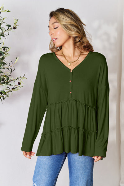 Double Take Half Button Long Sleeve Ruffle Hem Blouse **on sale**