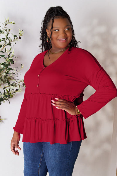 Double Take Half Button Long Sleeve Ruffle Hem Blouse **on sale**