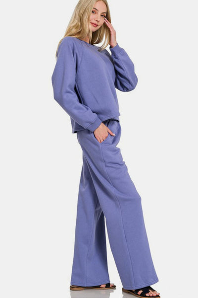 Round Neck Raglan Sleeve Top and Elastic Waist Pants Set