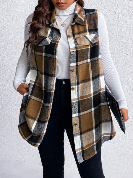 Honey Plus Size Pocketed Plaid Button Up Vest Coat *3 Colors*