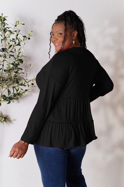 Double Take Half Button Long Sleeve Ruffle Hem Blouse **on sale**