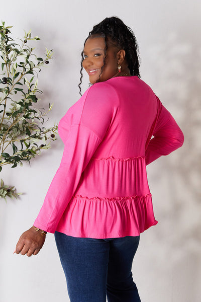 Double Take Half Button Long Sleeve Ruffle Hem Blouse **on sale**