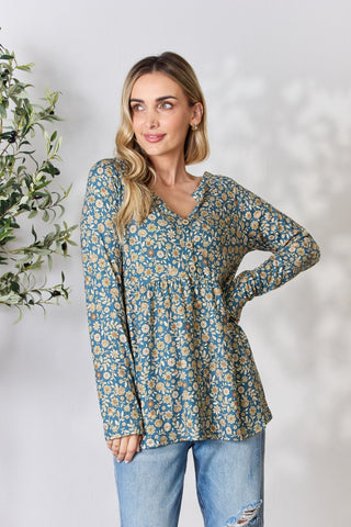 Heimish Full Size Floral Half Button Long Sleeve Blouse **on sale**