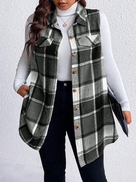 Honey Plus Size Pocketed Plaid Button Up Vest Coat *3 Colors*