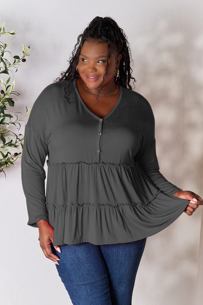 Double Take Half Button Long Sleeve Ruffle Hem Blouse **on sale**