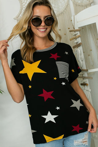 STAR PRINT STRIPE JERSEY POCKET TOP