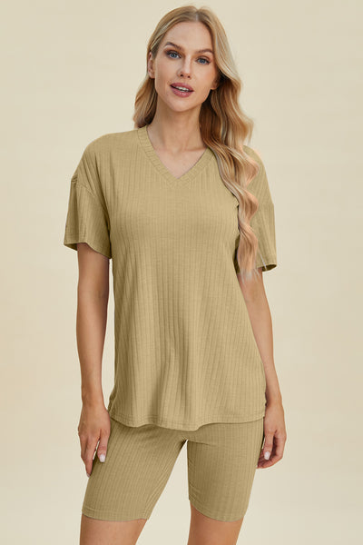 Ribbed V-Neck Short Sleeve Top and Shorts Set **10 Colors**