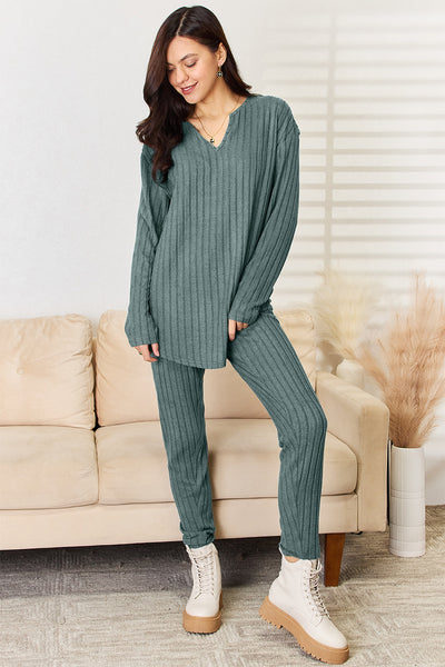 Basic Bae Full Size Notched Long Sleeve Top and Pants Set **3 colors**