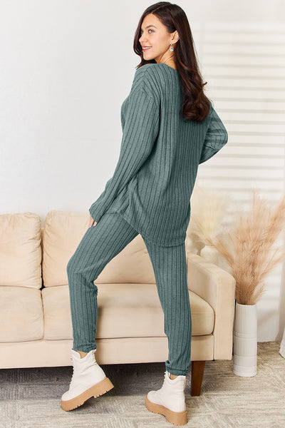 Basic Bae Full Size Notched Long Sleeve Top and Pants Set **3 colors**