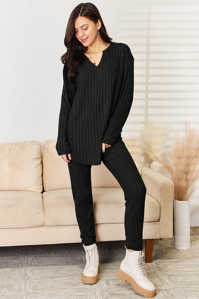 Basic Bae Full Size Notched Long Sleeve Top and Pants Set **3 colors**