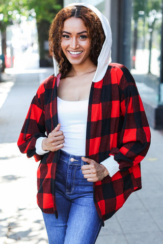 Stepping Out Red Buffalo Plaid Ribbed Hooded Sweater