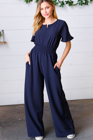 Dark Blue Smocked Waist Notch Neck Crepe Jumpsuit PLUS SIZE ONLY (SALE)