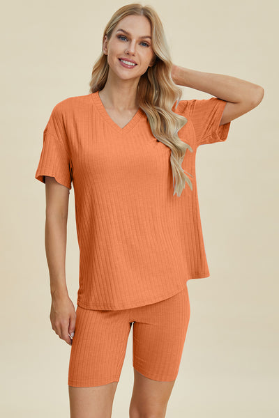 Ribbed V-Neck Short Sleeve Top and Shorts Set **10 Colors**