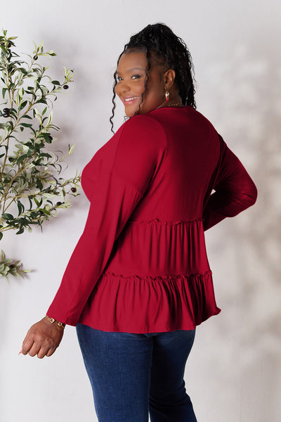 Double Take Half Button Long Sleeve Ruffle Hem Blouse **on sale**