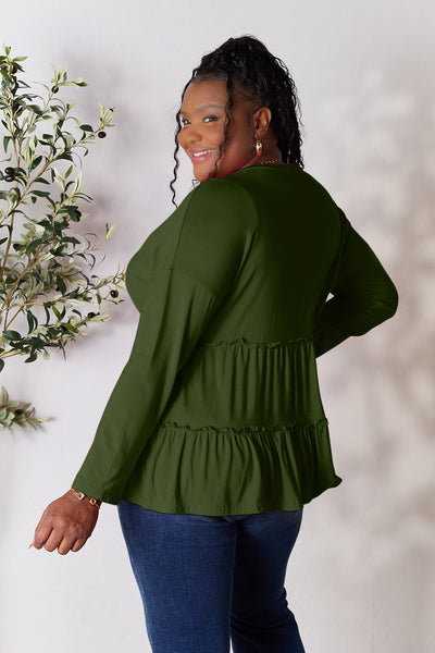 Double Take Half Button Long Sleeve Ruffle Hem Blouse **on sale**