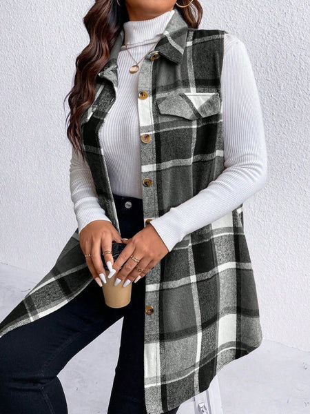 Honey Plus Size Pocketed Plaid Button Up Vest Coat *3 Colors*