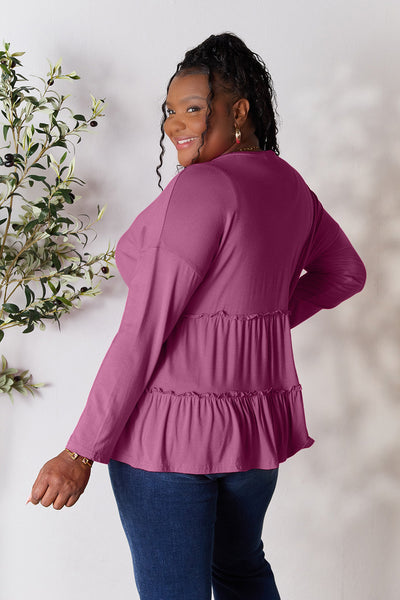 Double Take Half Button Long Sleeve Ruffle Hem Blouse **on sale**