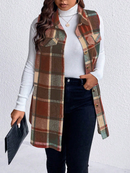 Honey Plus Size Pocketed Plaid Button Up Vest Coat *3 Colors*