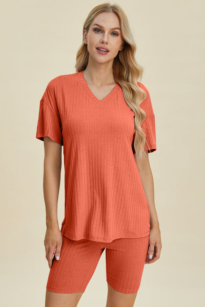 Ribbed V-Neck Short Sleeve Top and Shorts Set **10 Colors**