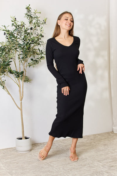 Culture Code Full Size Ribbed Long Sleeve Midi Slit Dress **on sale**