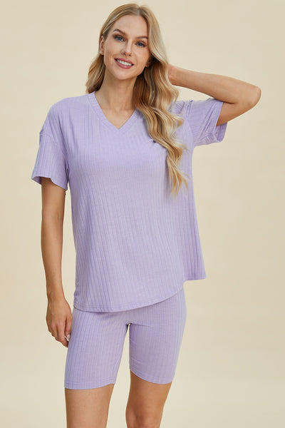 Ribbed V-Neck Short Sleeve Top and Shorts Set **10 Colors**