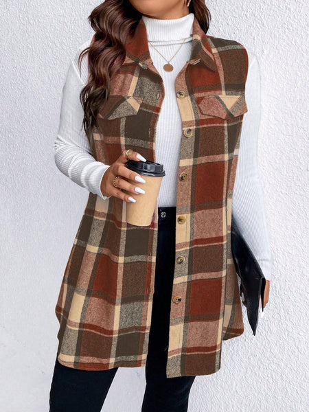 Honey Plus Size Pocketed Plaid Button Up Vest Coat *3 Colors*