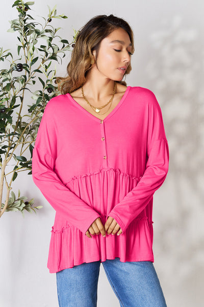 Double Take Half Button Long Sleeve Ruffle Hem Blouse **on sale**