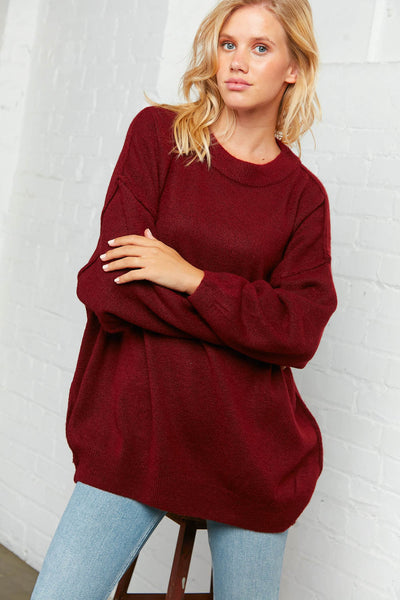 Burgundy Oversized Out Seam Knit Sweater Top