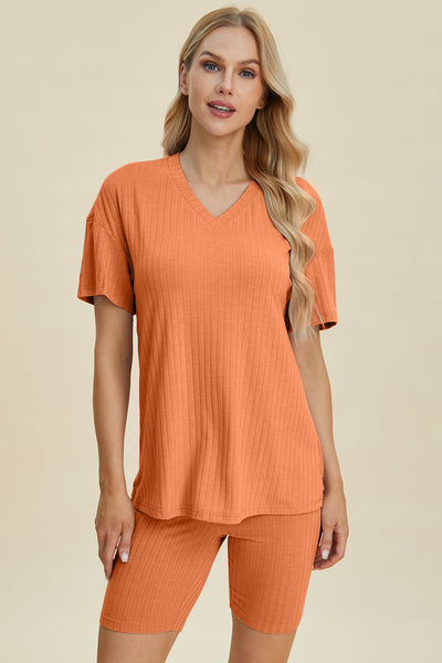 Ribbed V-Neck Short Sleeve Top and Shorts Set **10 Colors**