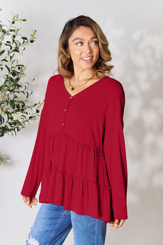 Double Take Half Button Long Sleeve Ruffle Hem Blouse **on sale**