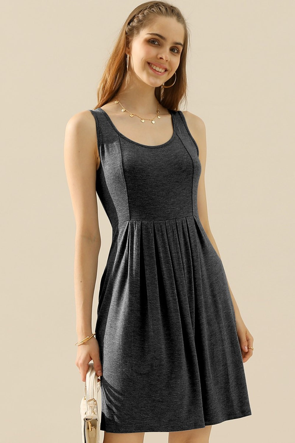 Ruched Sleeveless Dress with Pockets