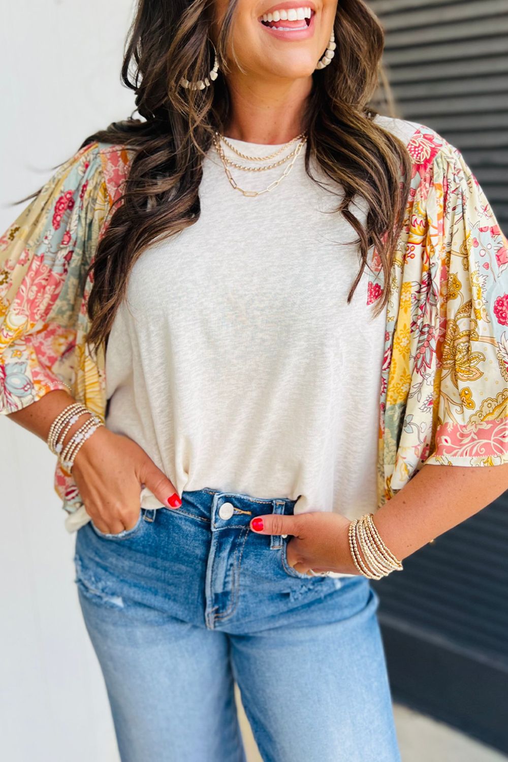 Printed Round Neck Flutter Sleeve Blouse